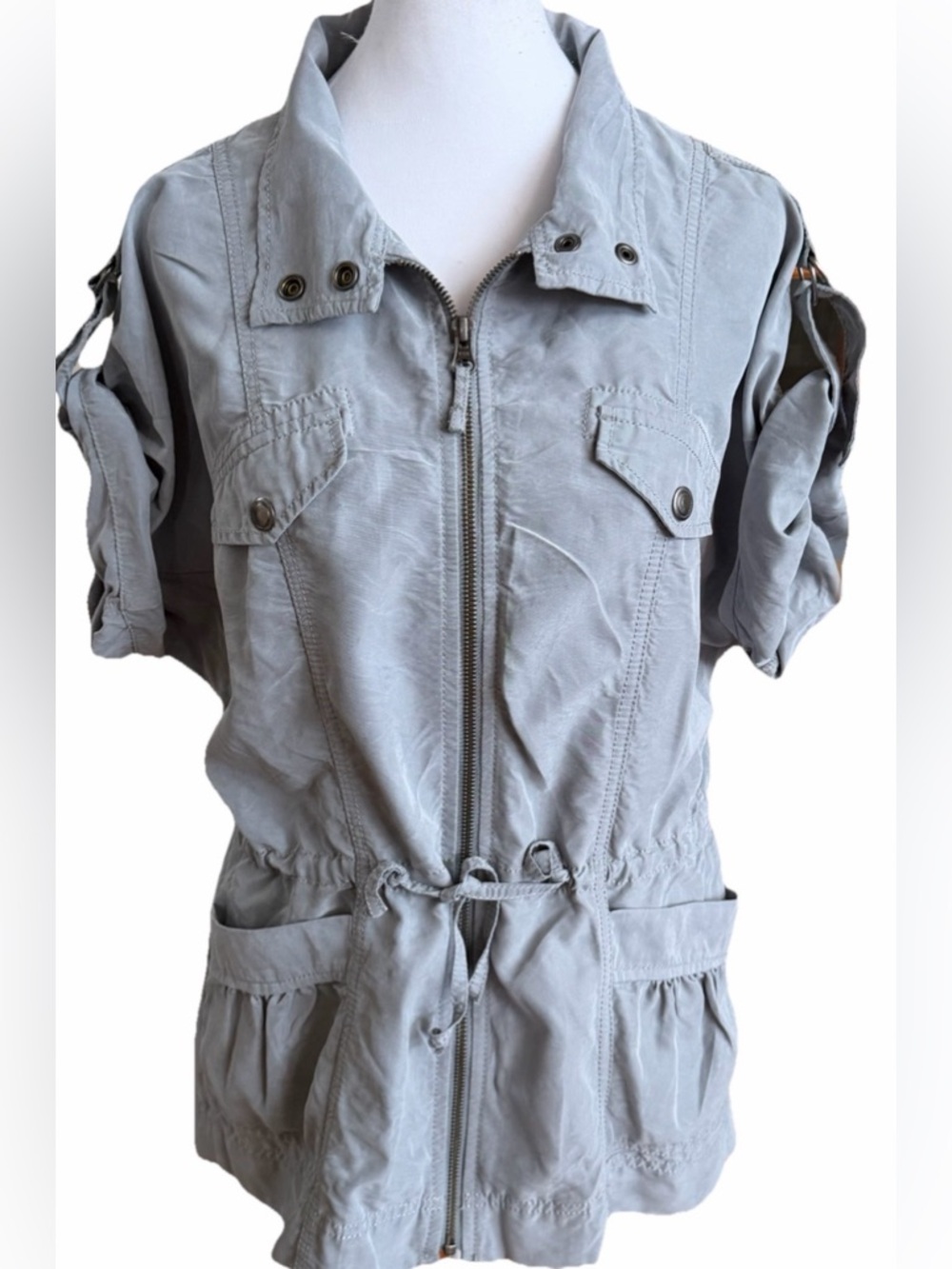 ANN TAYLOR LOFT Gray Microfiber Short Sleeve Full Zip Utility Jacket Small